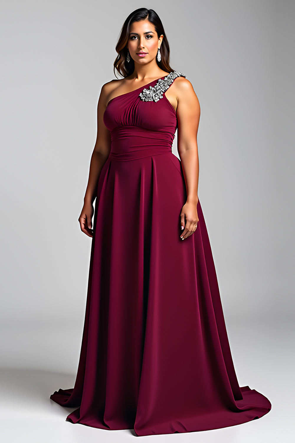 One Shoulder Burgundy A Line Chiffon Long Formal Dress with Beading