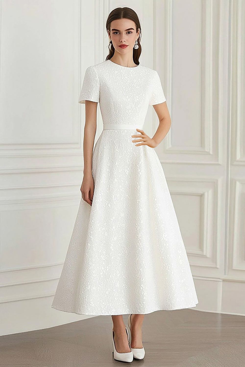 Ivory Scoop A Line Long Satin Formal Dress with Short Sleeves