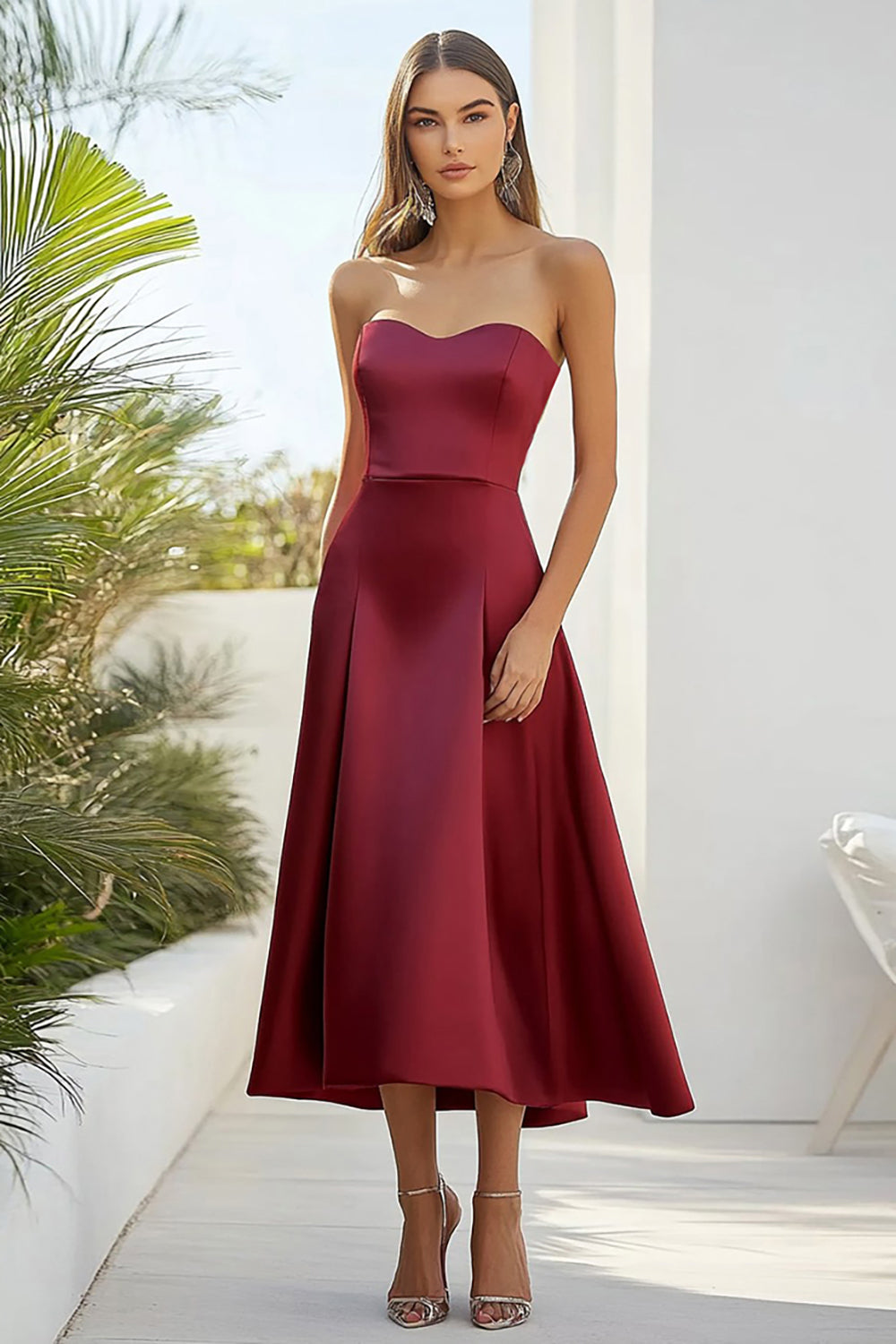 Strapless Burgundy Satin Tea-Length Formal Dress