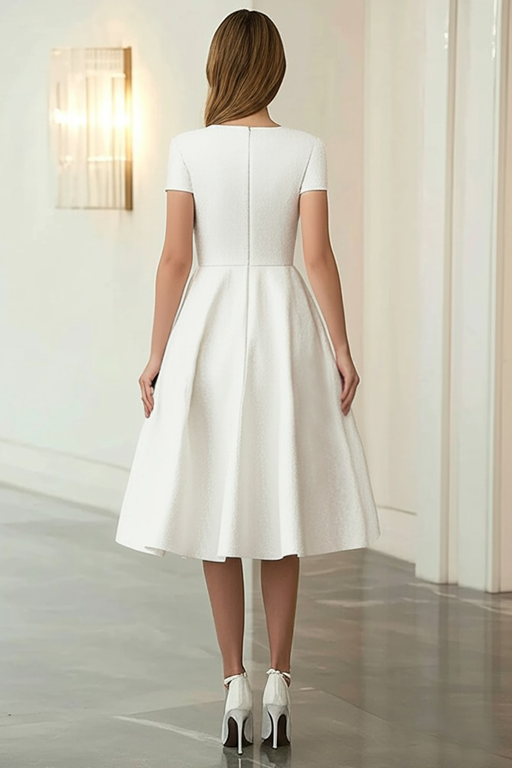 Scoop Ivory A Line Knee-Length Formal Dress with Short Sleeves