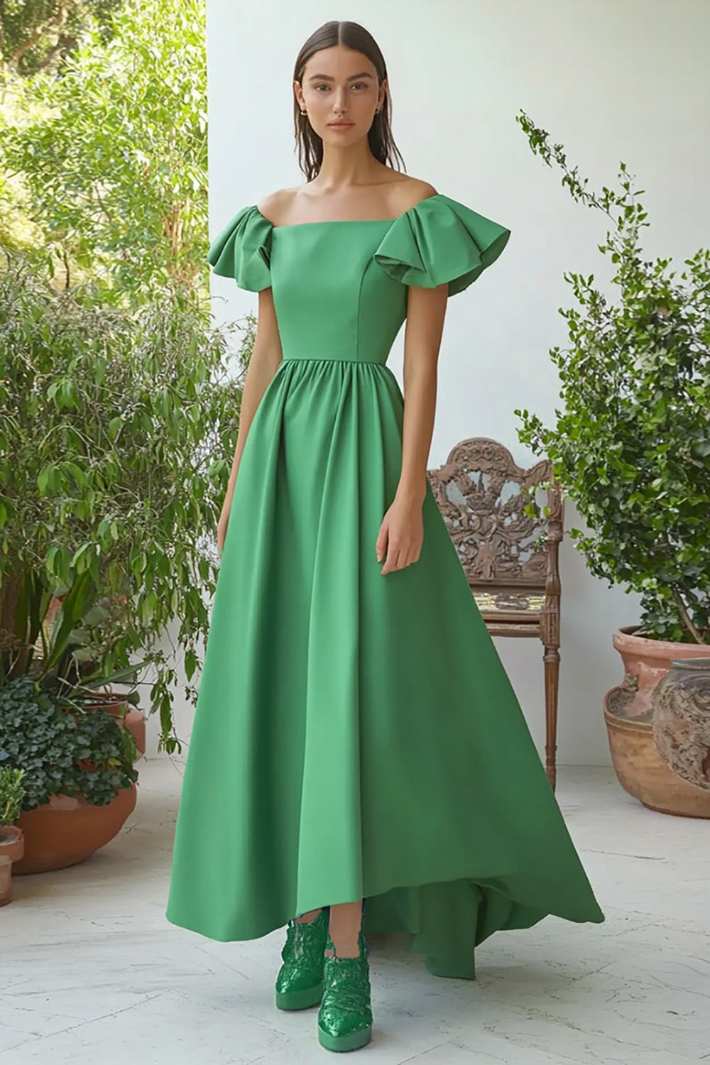 Green Off the Shoulder A Line Long Satin Formal Dress with Ruffles