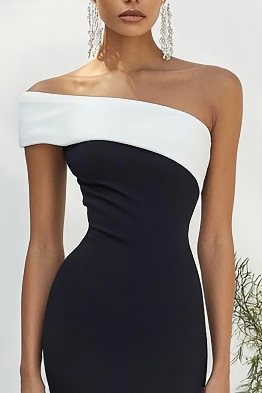 Black Tie Black White Strapless Long Satin Formal Dress