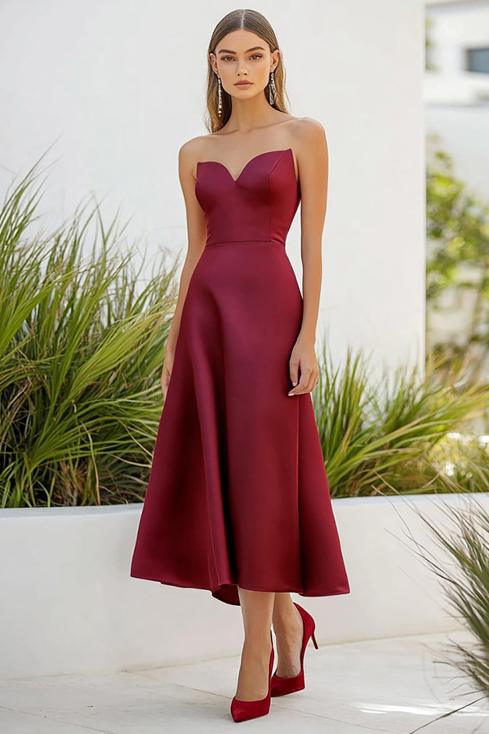 A Line Burgundy Strapless Long Satin Formal Dress