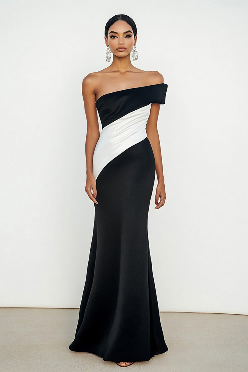 Elegant Black White One Shoulder Sheath Long Satin Formal Dress