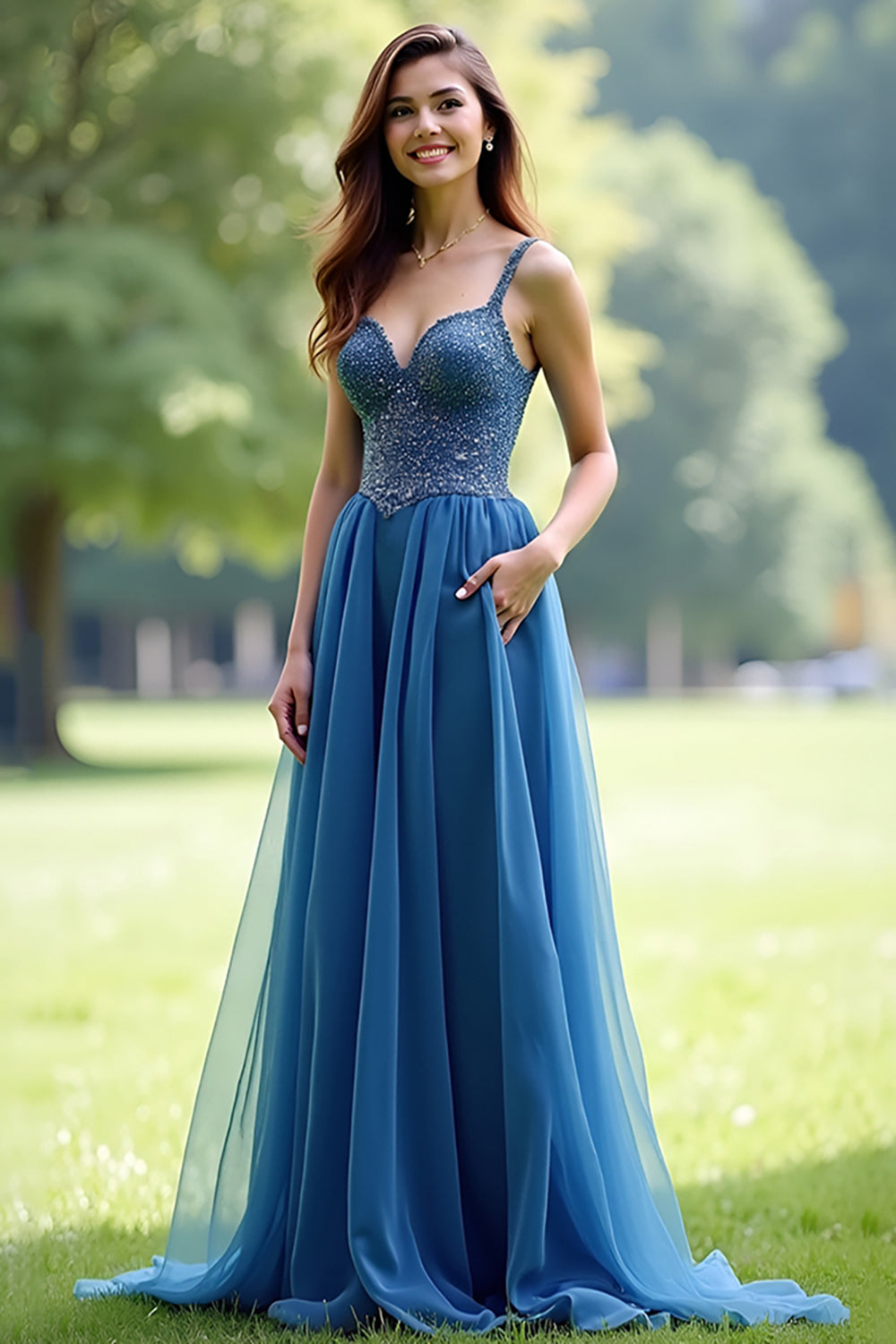 Sparkly Grey Blue A Line Beaded Spaghetti Straps Long Prom Dress