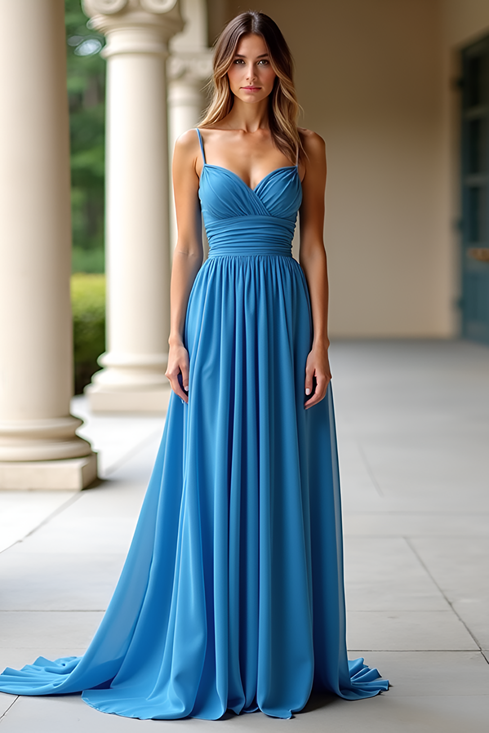 Ruched A Line Blue Long Prom Dress with Slit