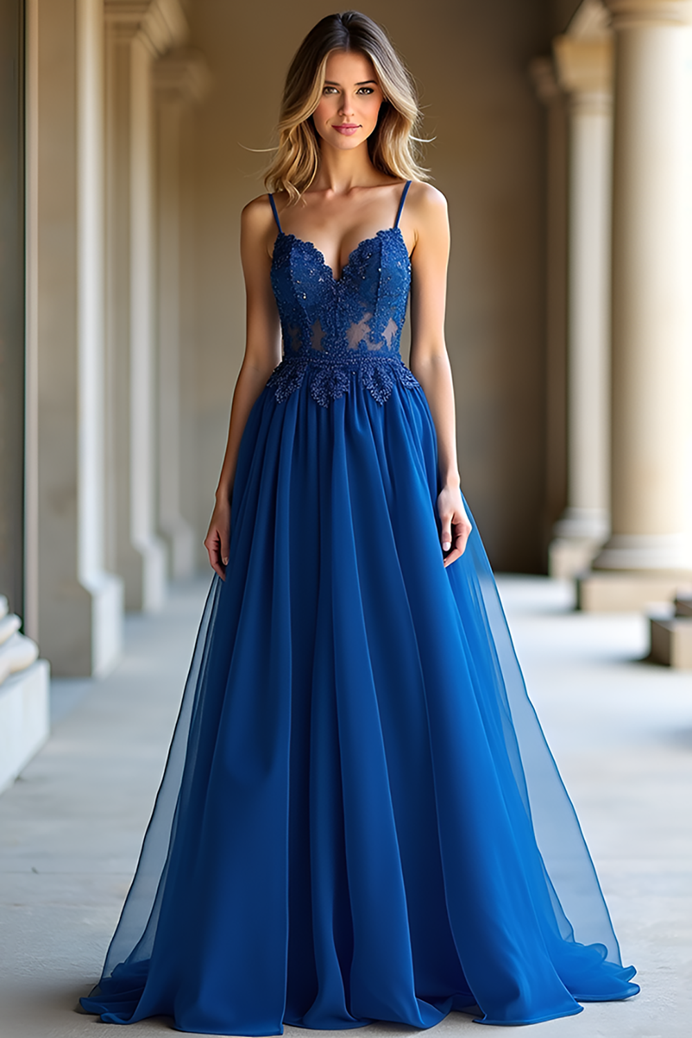 Dark Blue Lace A Line Long Prom Dress with Appliques