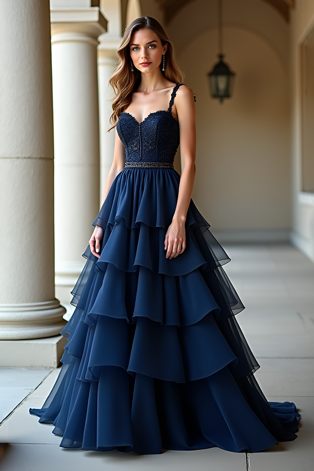 Navy Tulle Tiered Lace Backless Long Prom Dress with Ruffles