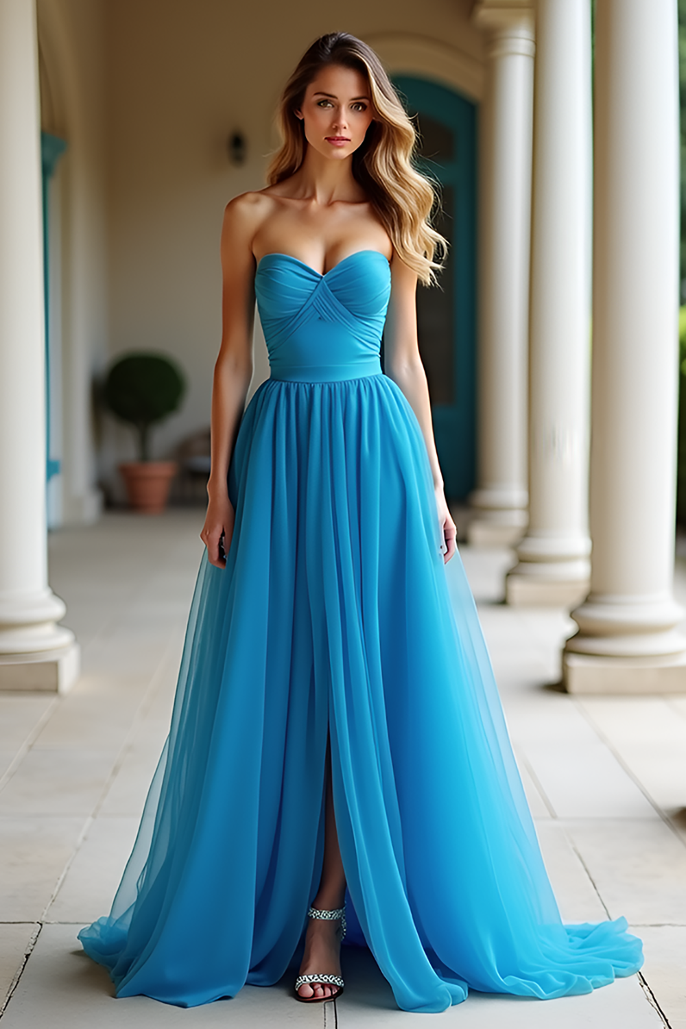 Blue Ruched A Line Strapless Long Prom Dress