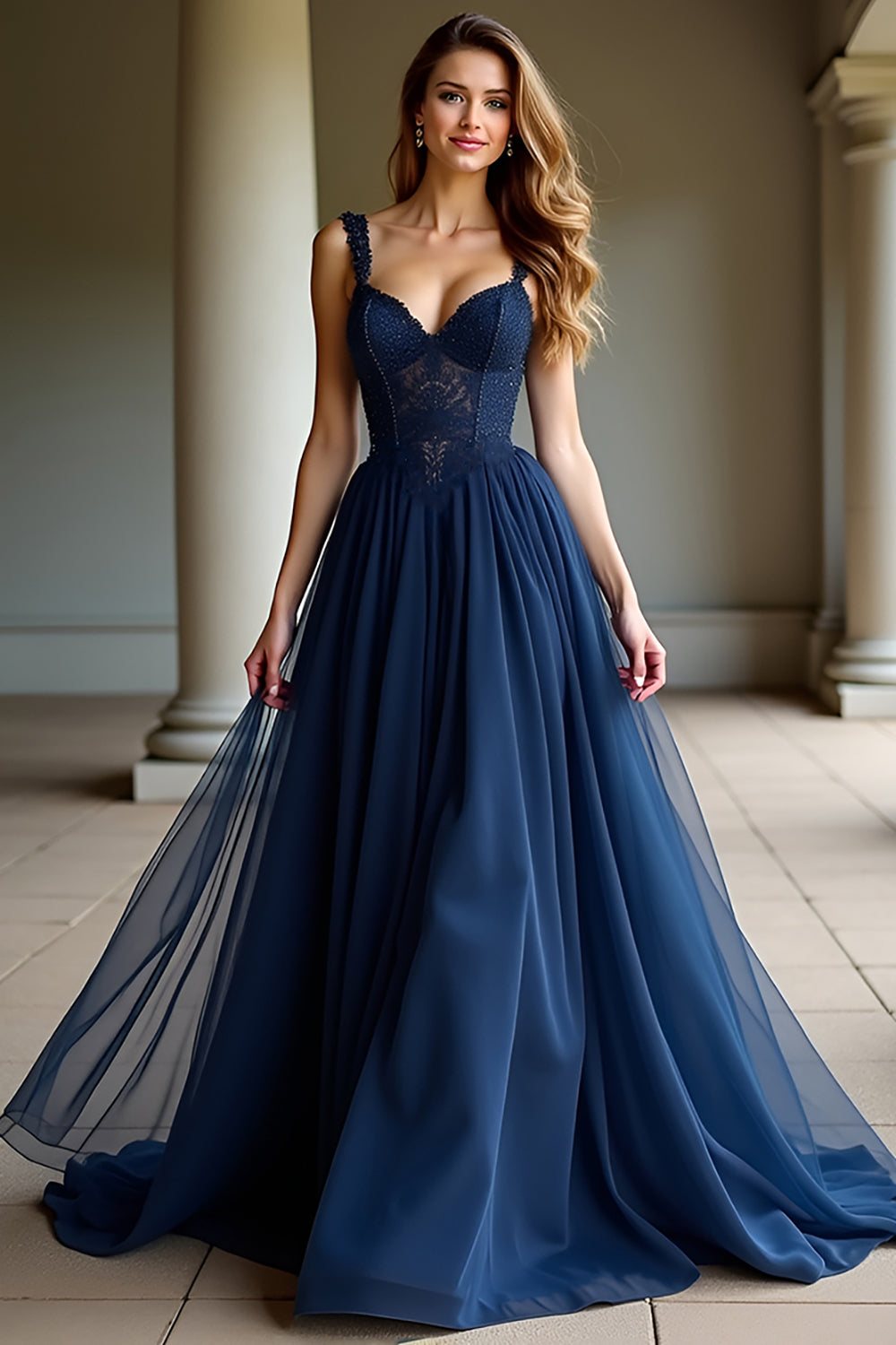 Navy Spaghetti Straps A Line Tulle Long Prom Dress