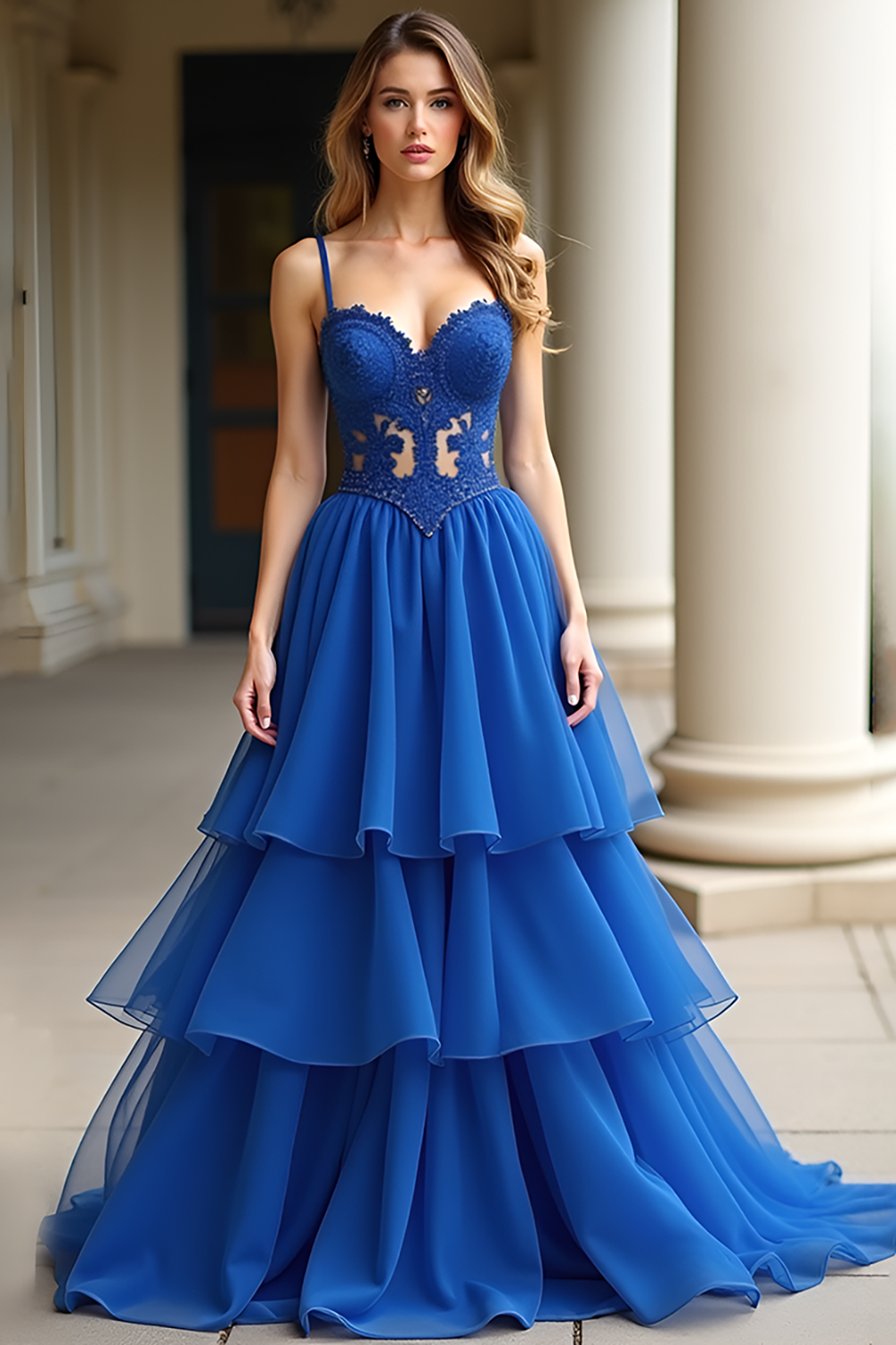 Royal Blue A Line Tiered Long Prom Dress with Ruffles