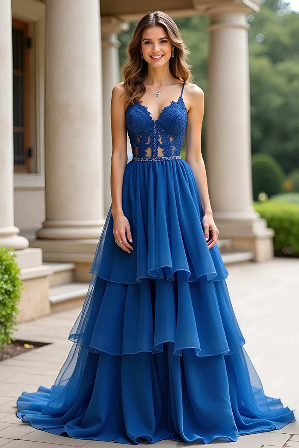 Lace Dark Blue A Line Tiered Long Prom Dress with Ruffles
