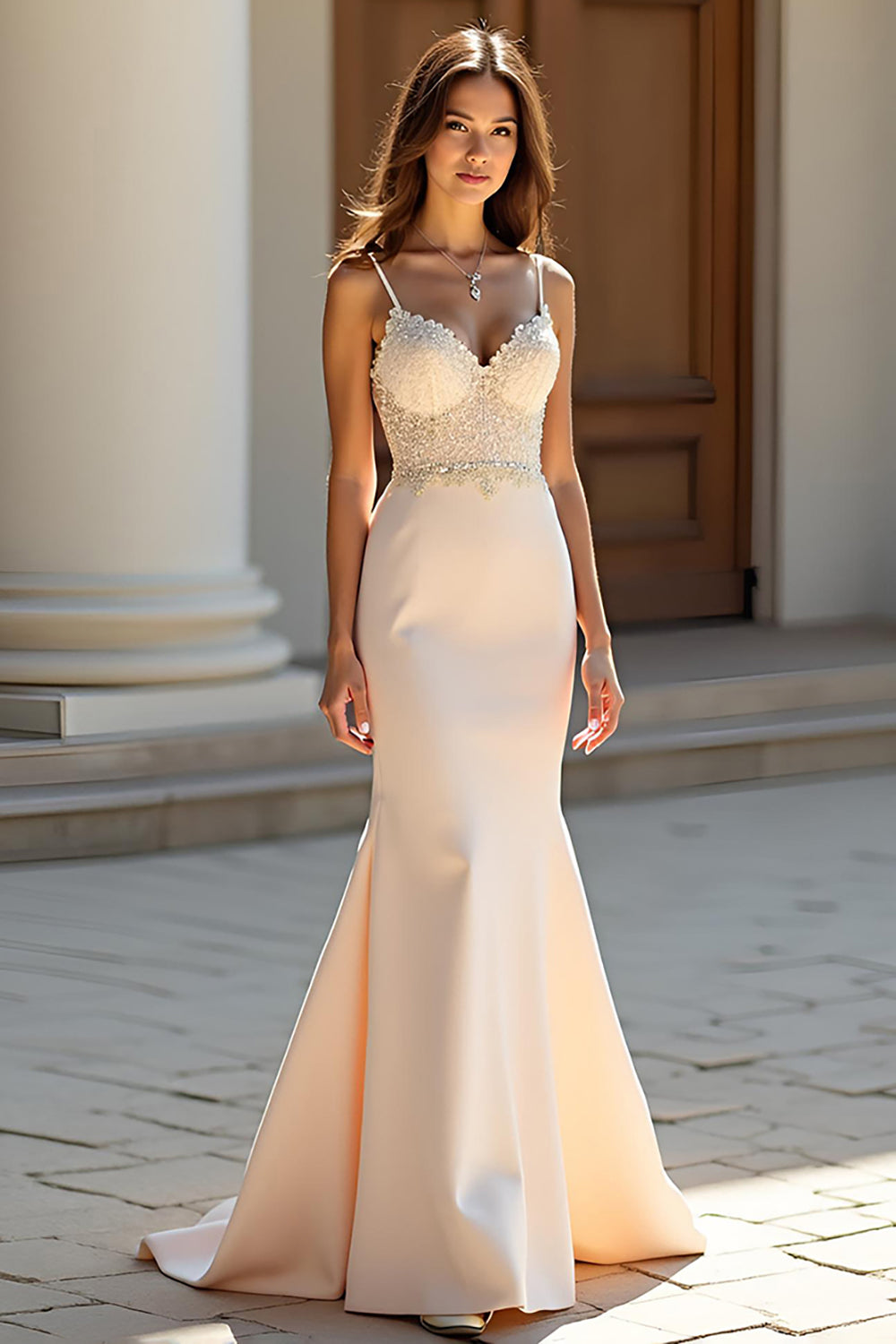 Beaded Champagne Sparkly Sheath Long Prom Dress with Appliques