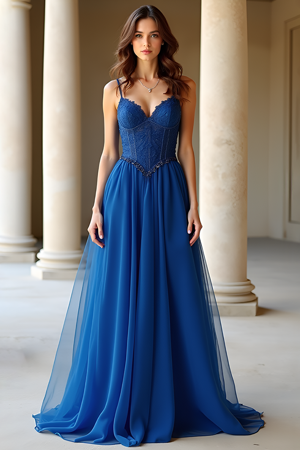 Lace Corset Dark Blue A Line Long Prom Dress