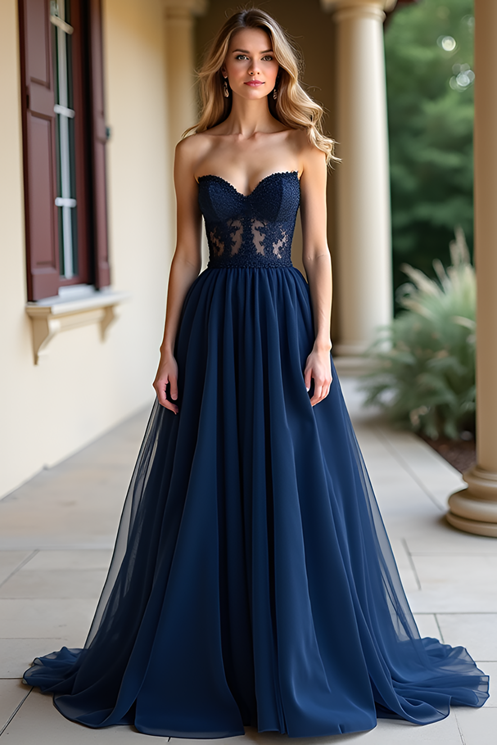 Strapless Navy A Line Long Prom Dress