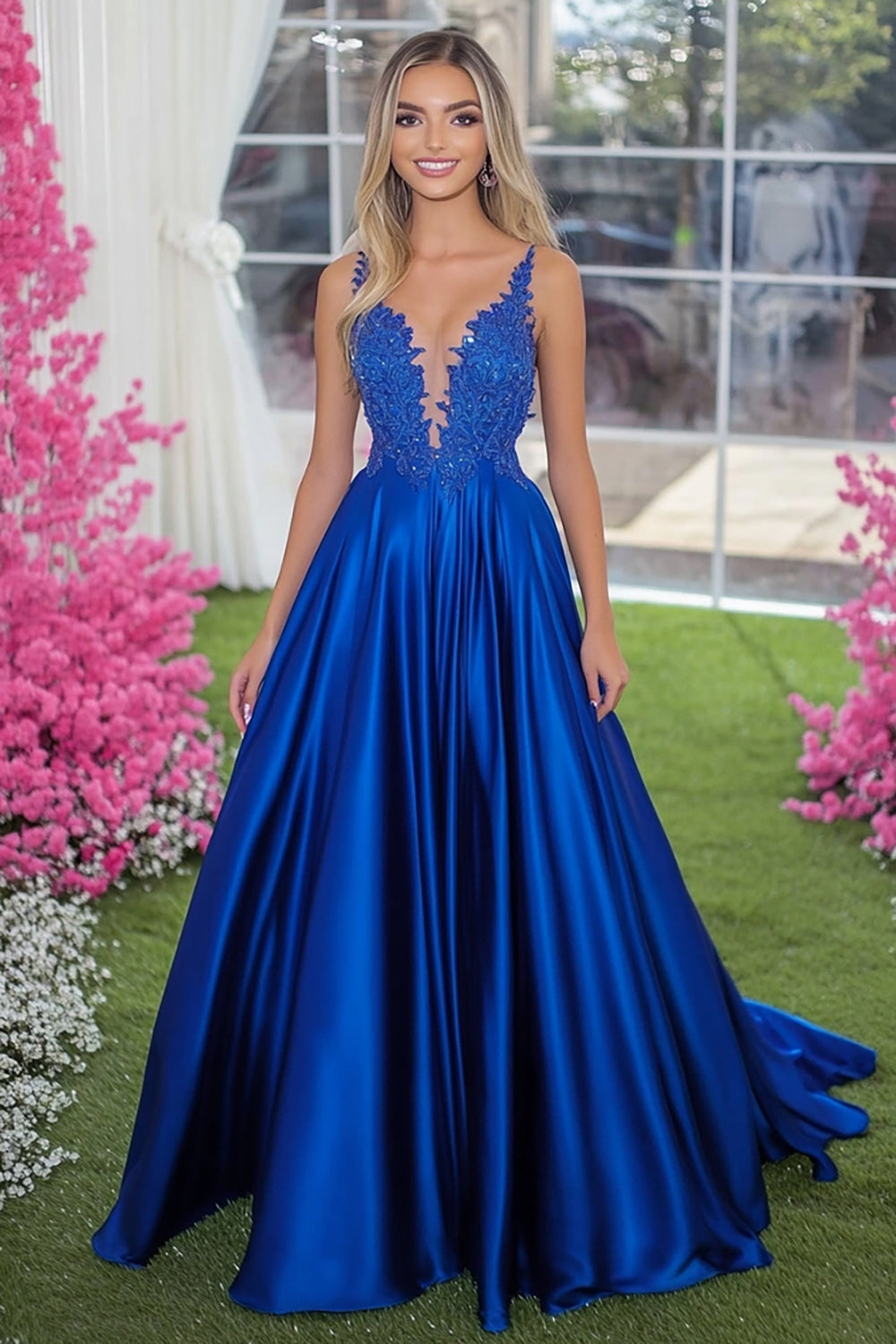 Ball Gown Royal Blue Long Prom Dress with Lace Appliques