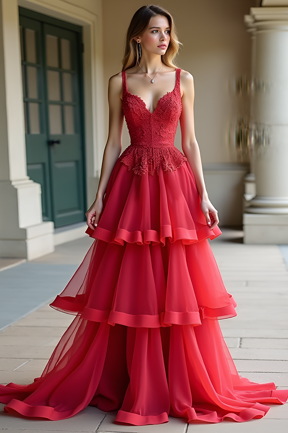 Red A Line Spaghetti Straps Tiered Long Prom Dress with Lace