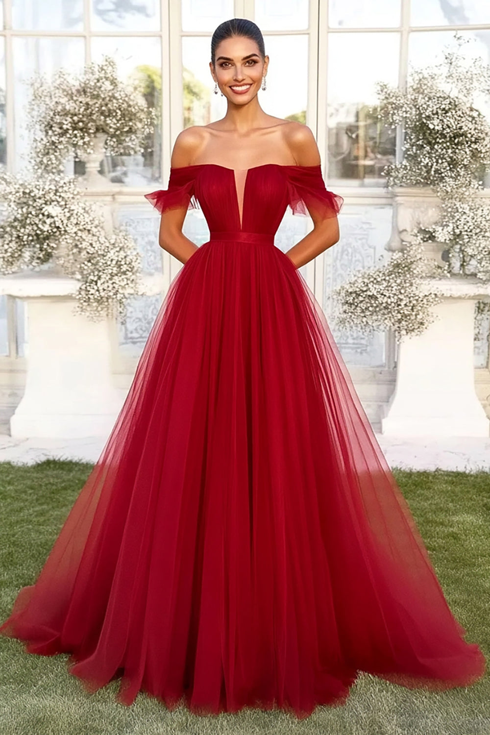 Red Ball Gown Tulle Off the Shoulder Long Prom Dress