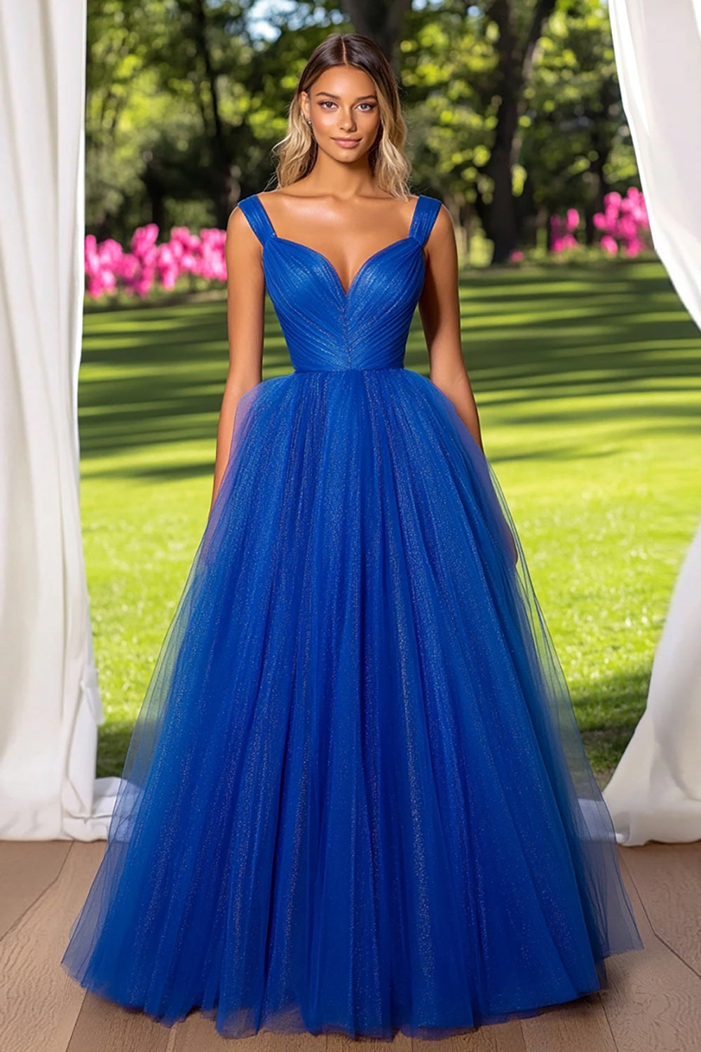Royal Blue Tulle A Line Ruched Long Prom Dress