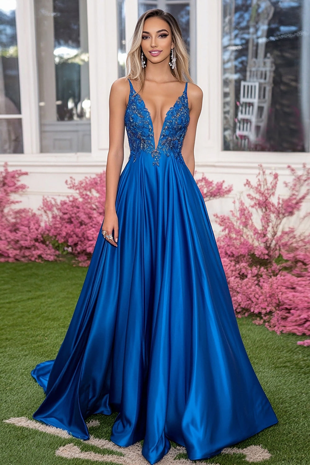 Ball Gown Royal Blue V-Neck Long Prom Dress with Lace
