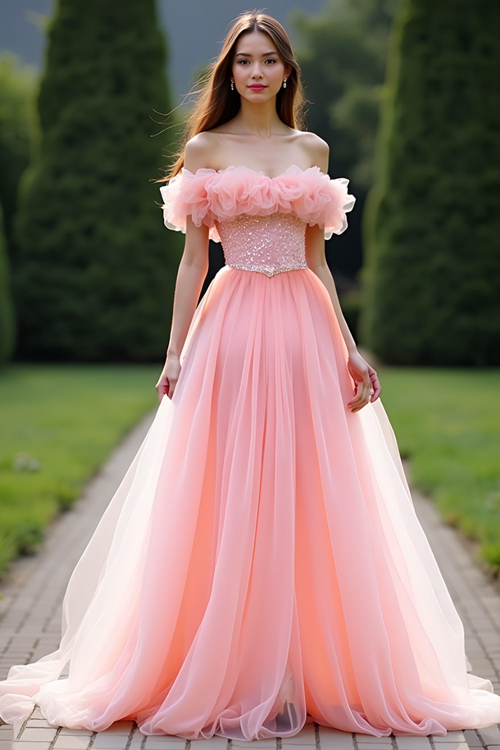 Pink A Line Off the Shoulder Long Prom Dress with Ruffles