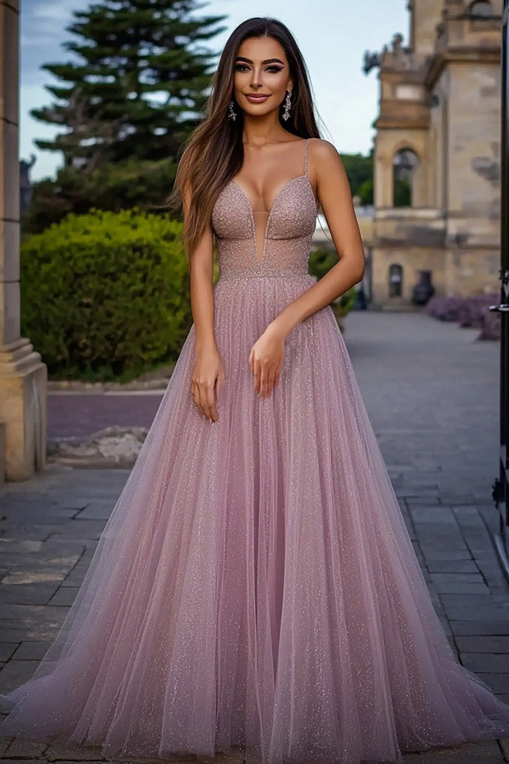 Sparkly Dusty Rose Spaghetti Straps Ball Gown Long Prom Dress