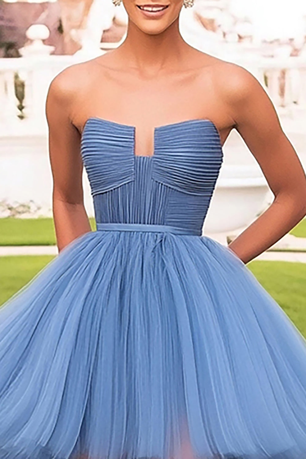 Grey Blue Tiered Strapless High-Low A Line Tulle Prom Dress