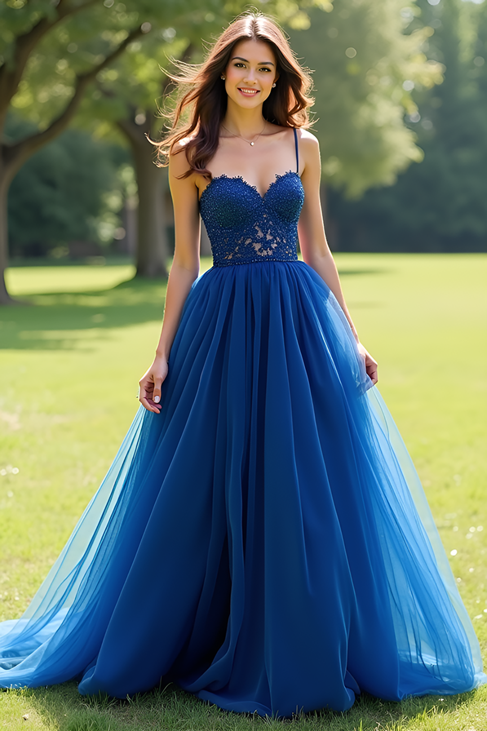 Navy Ball Gown Tulle Spaghetti Straps Long Prom Dress with Appliques