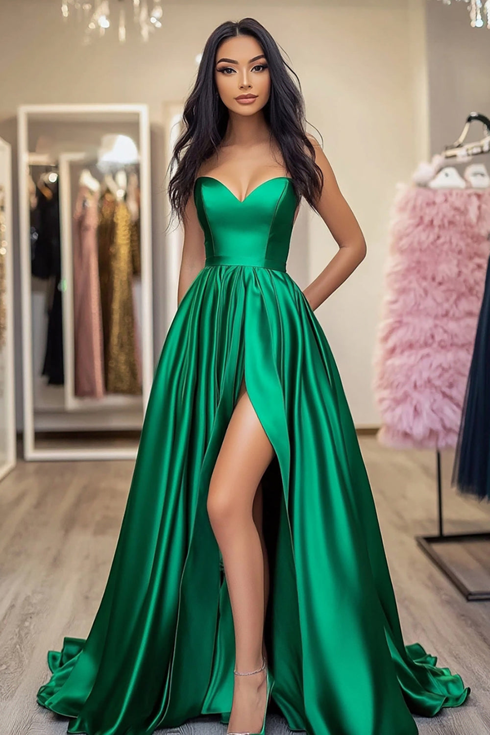 Sweetheart Green A Line Long Satin Prom Dress with Slit