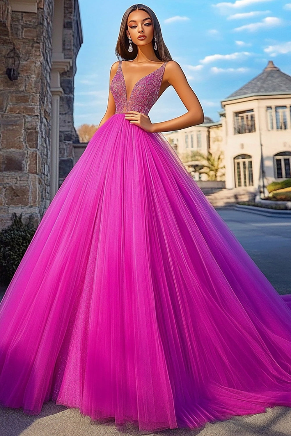 Ball Gown Sparkly Fuchsia Tulle Long Prom Dress with Beading