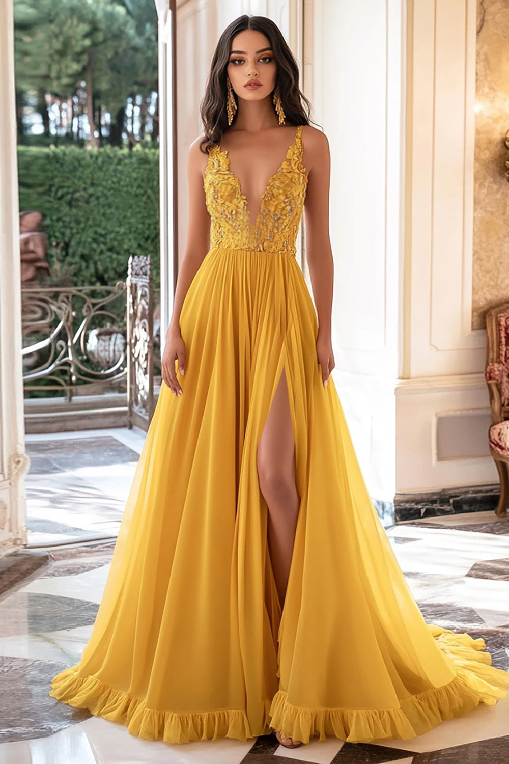 Yellow V-Neck Chiffon Long Prom Dress with Appliques