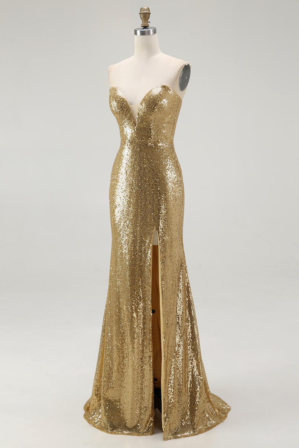 Sparkly Gold Sequins Mermaid Sweetheart Long Formal Dress with Slit