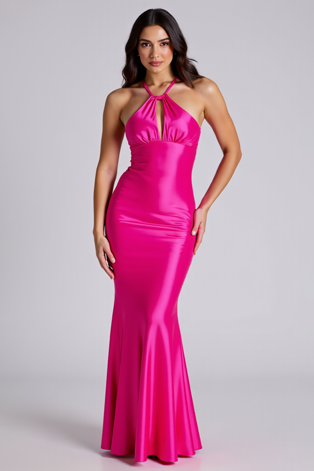 Halter Mermaid Fuchsia Satin Long Formal Dress
