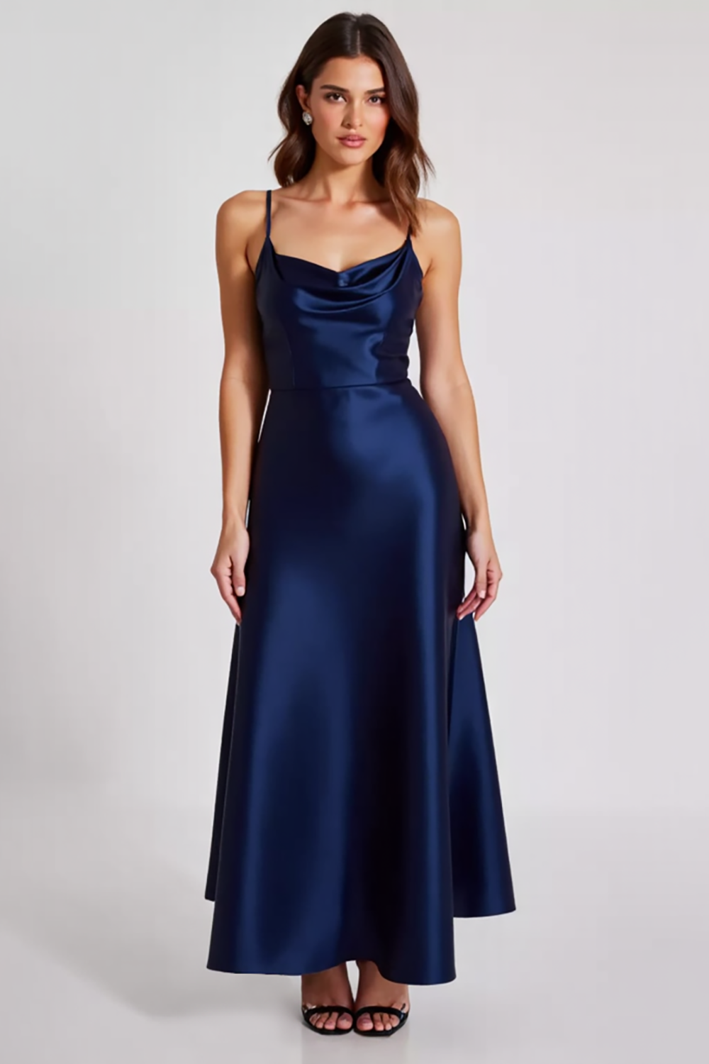 Navy Sheath Satin Spaghetti Straps Long Formal Dress