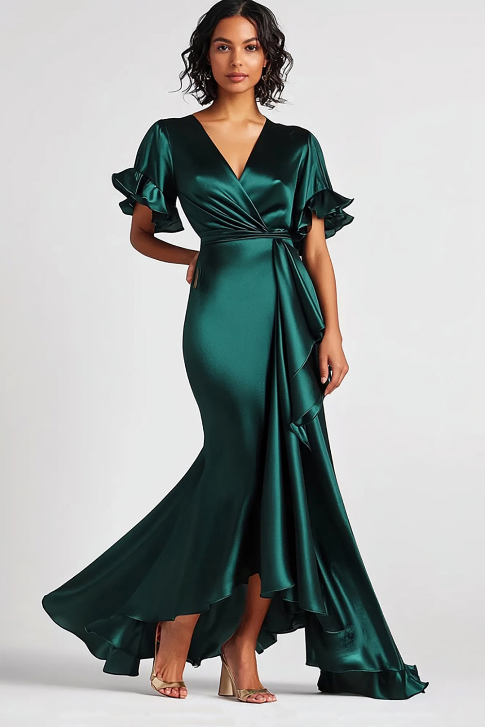 Dark Green Satin Mermaid Long Formal Dress with Short Sleeves