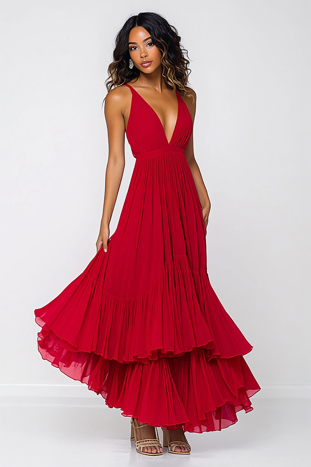 Red Chiffon Pleated Tiered Deep V-Neck Long Formal Dress