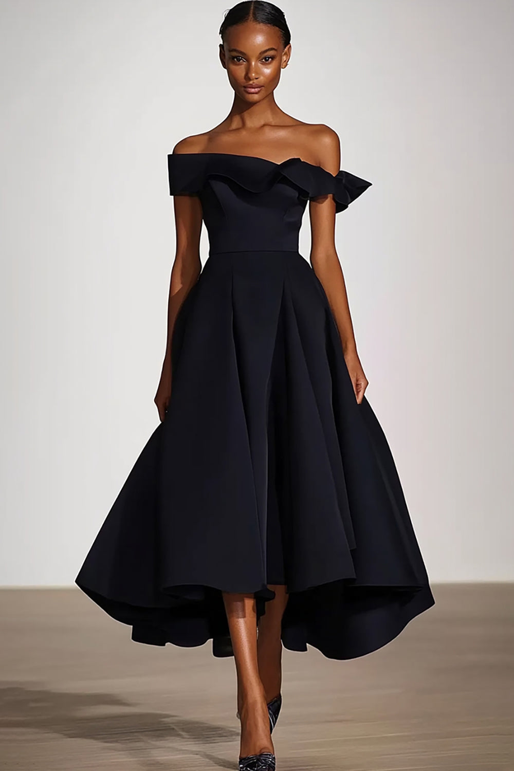 Black Off the Shoulder A Line Knee-Length Formal Dress