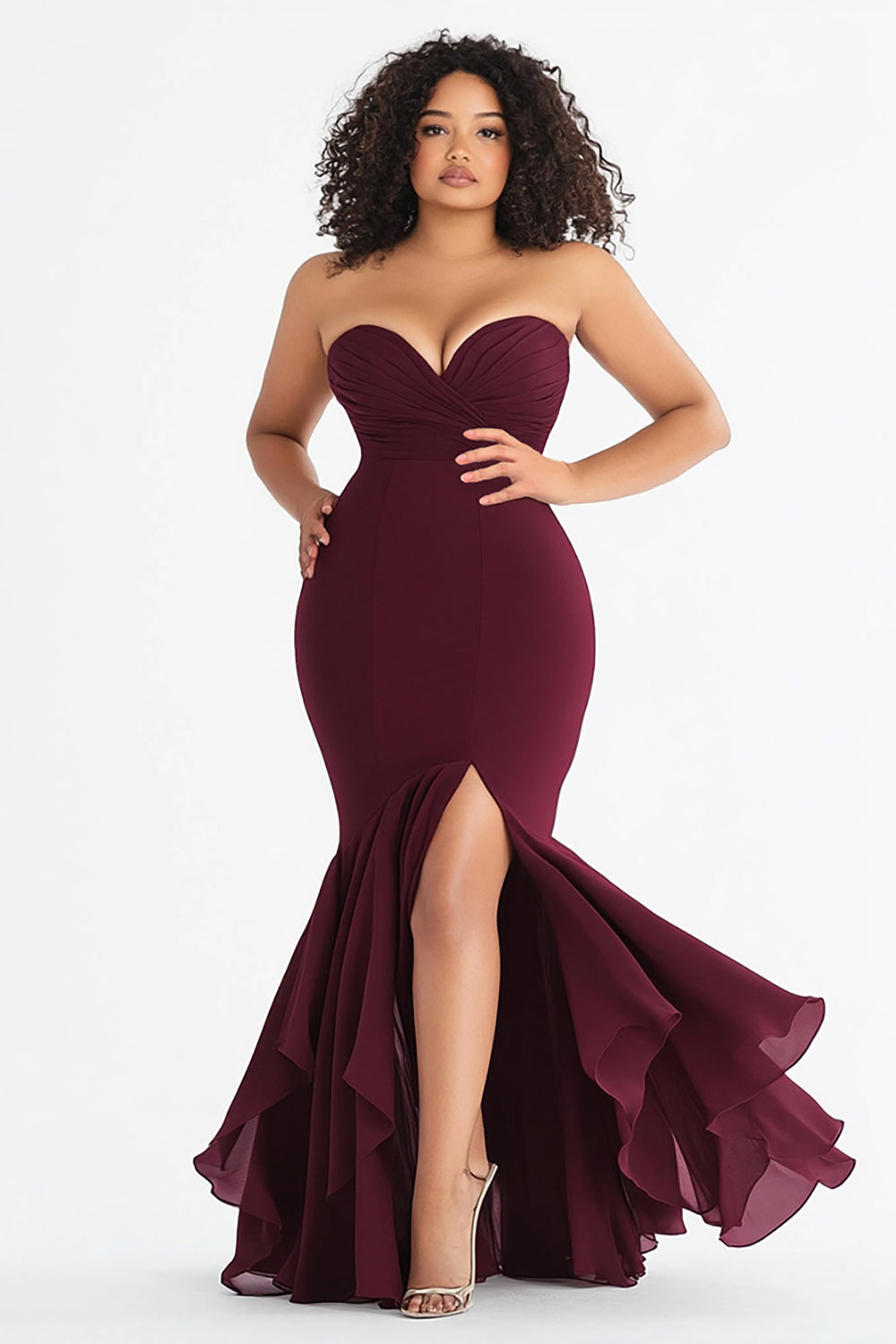 Plus Size Burgundy Satin Mermaid Sweetheart Formal Dress with Slit