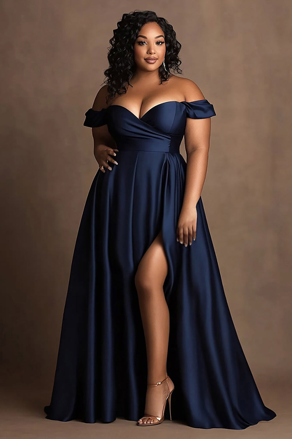Navy Plus Size Satin Off the Shoulder Long Formal Dress with Slit