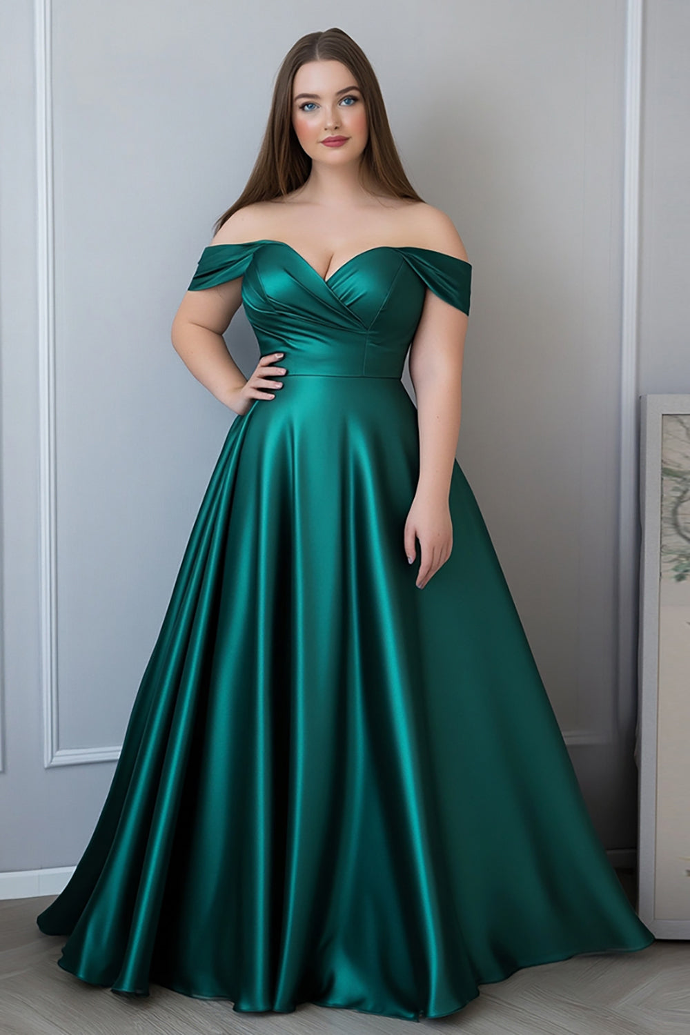 Dark Green Satin Plus Size Off the Shoulder Long Formal Dress