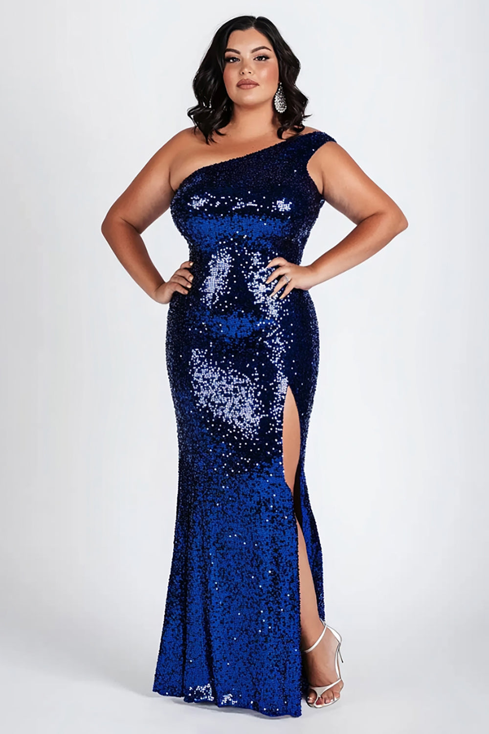 Sparkly Plus Size Dark Blue One Shoulder Sequins Long Formal Dress with Slit