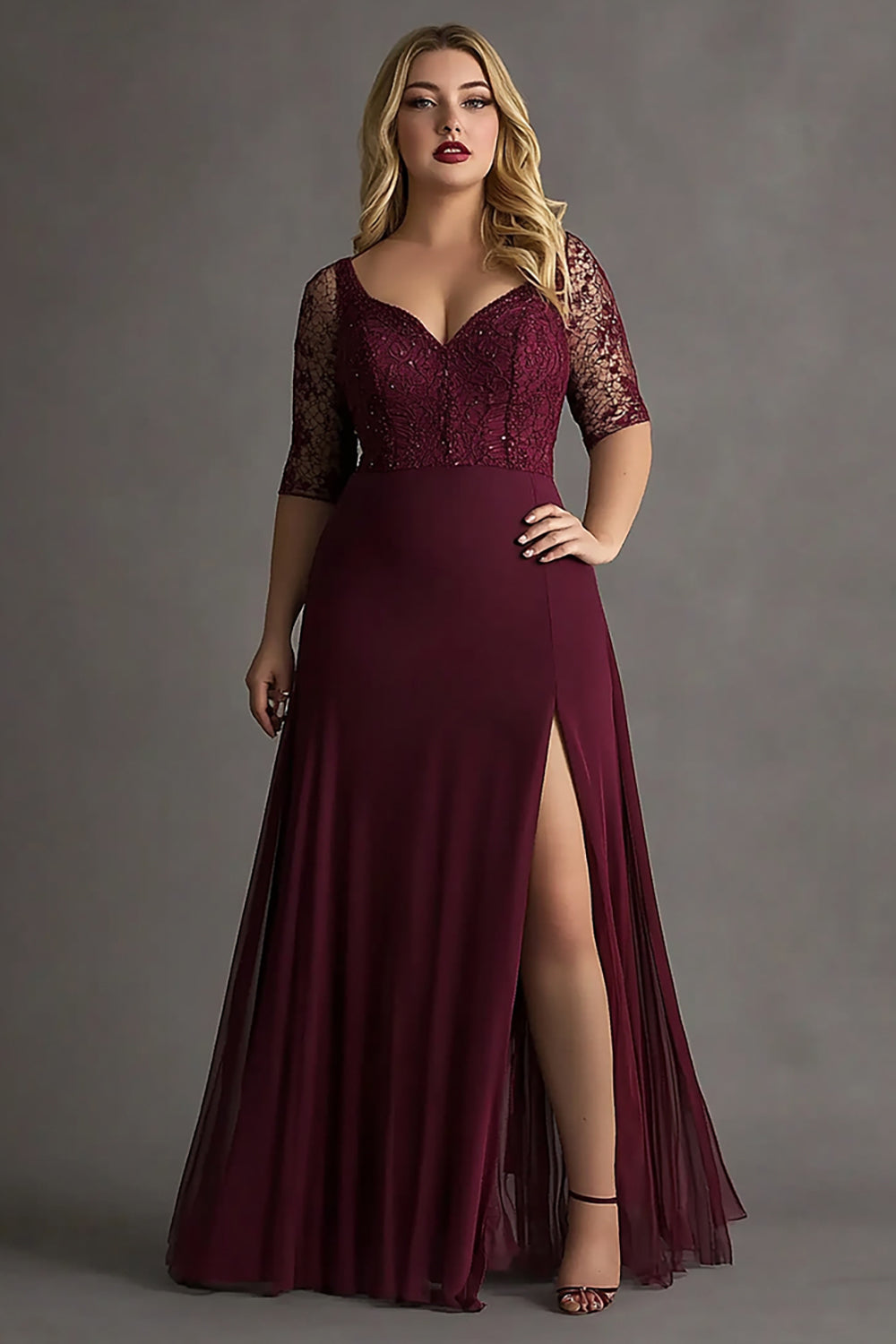 Plus Size Burgundy A Line Satin Embroideried Formal Dress with Slit