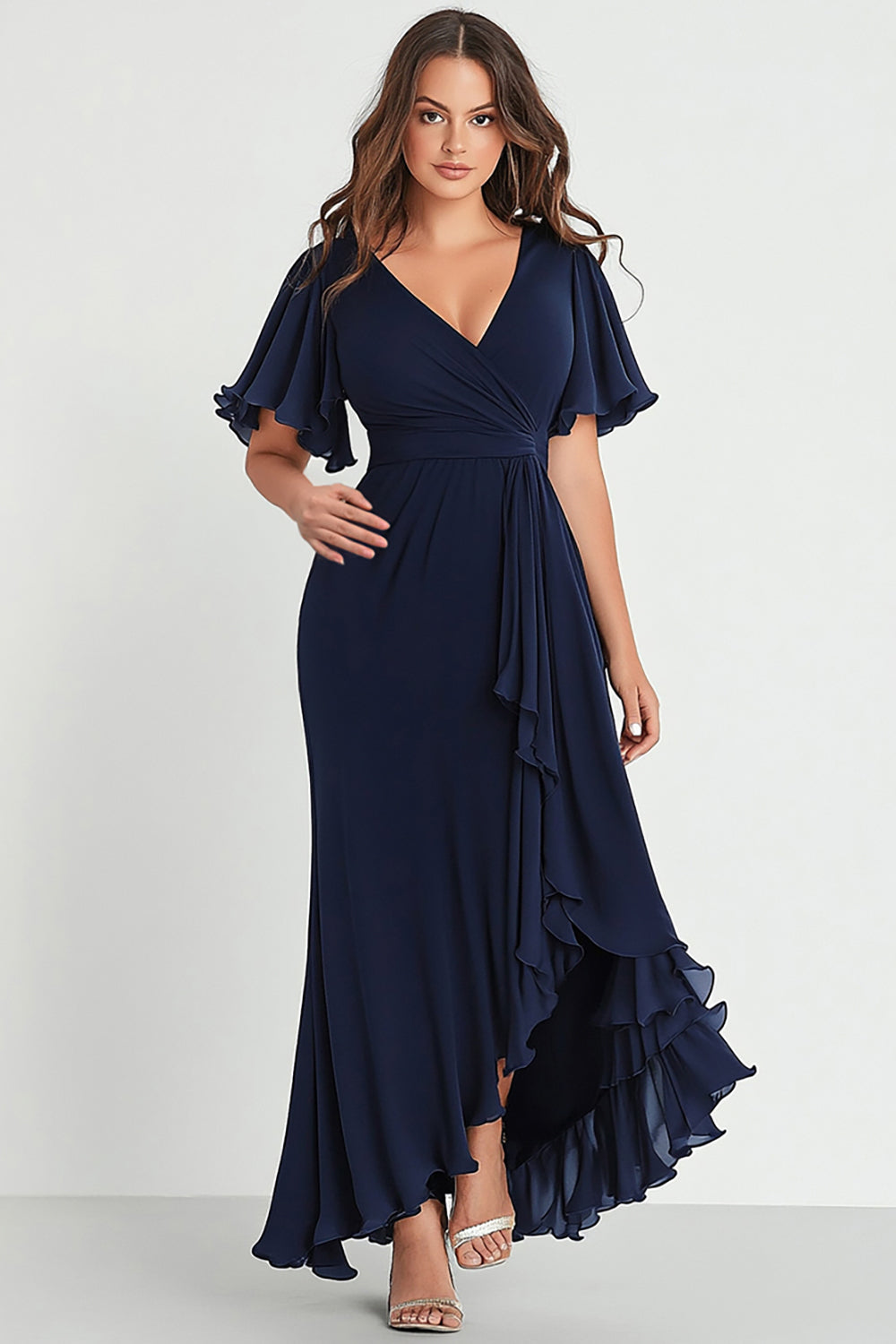 Plus Size Navy V-Neck Chiffon Long Formal Dress with Short Sleeves