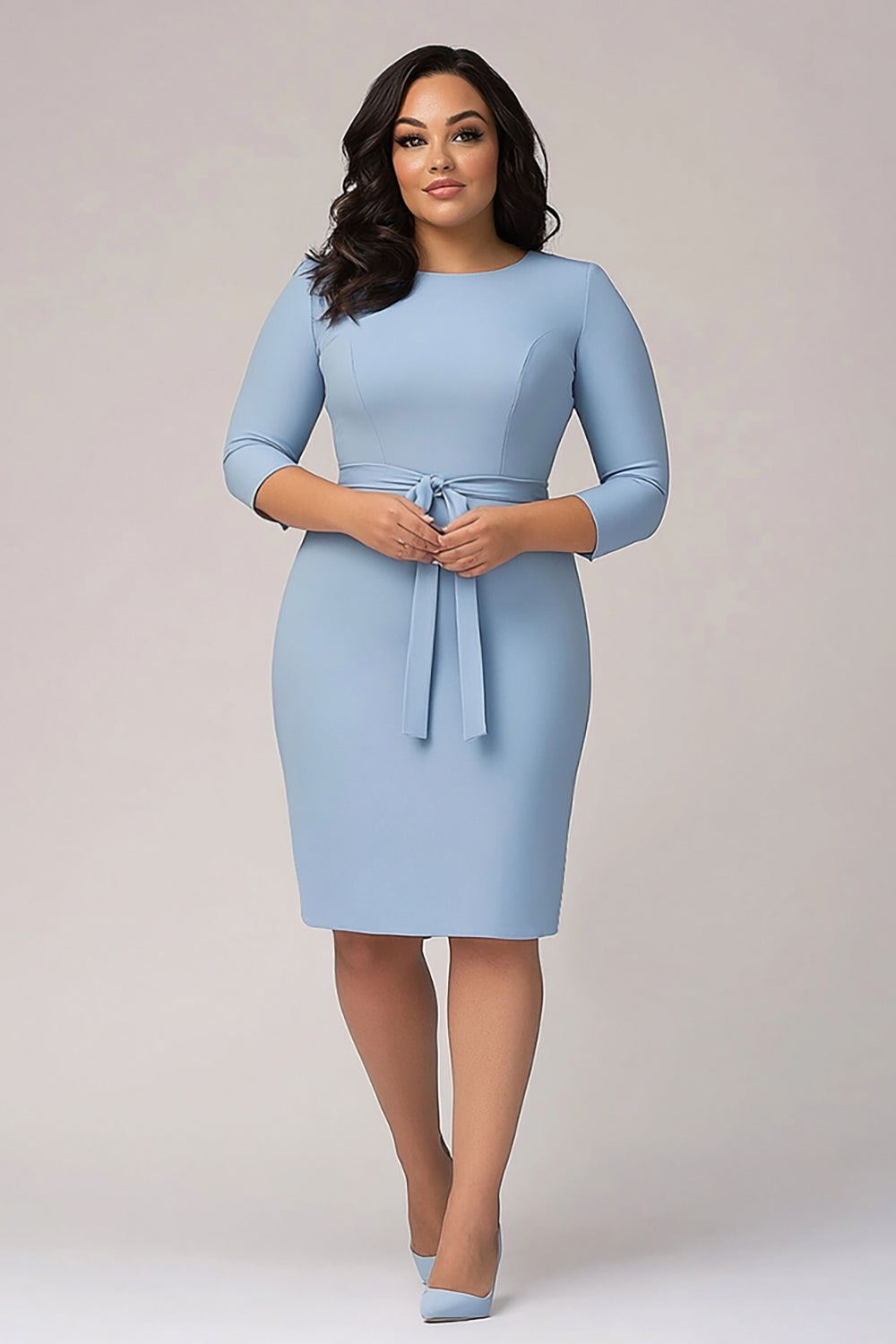 Sky Blue Knee Length Plus Size Crepe Formal Dress