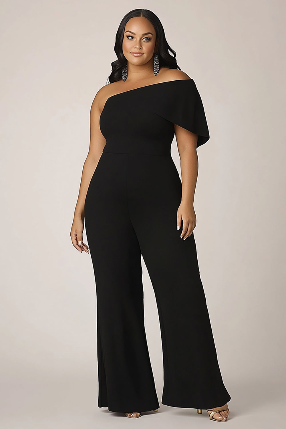 One Shoulder Black Plus Size Long Formal Jumpsuit
