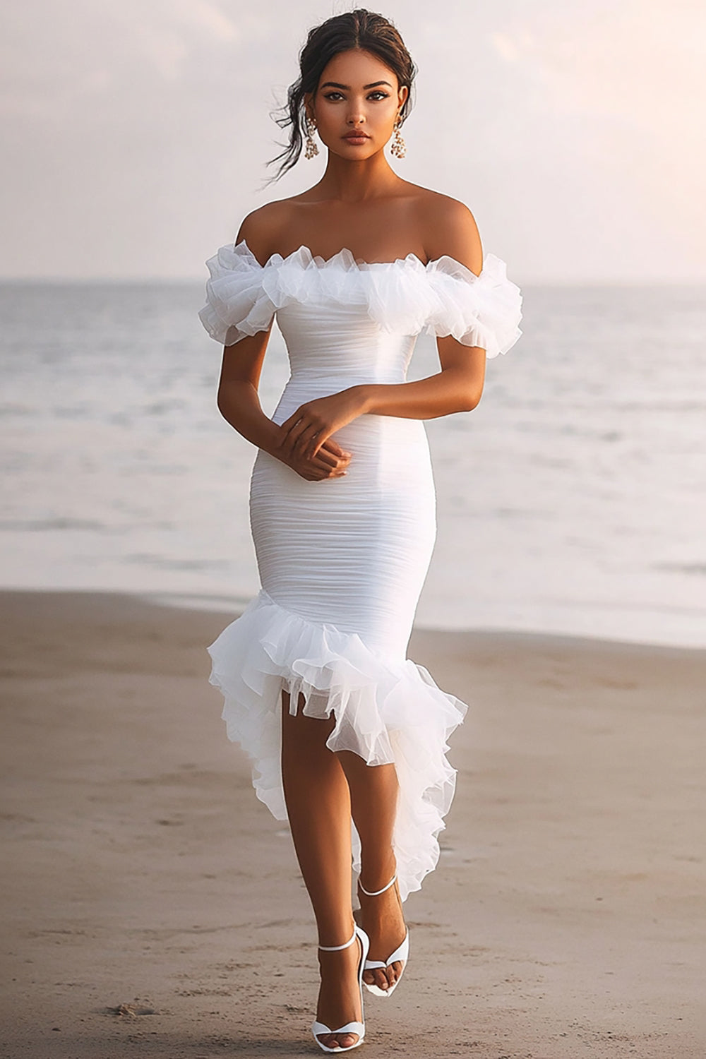 White Bodycon Tulle Off the Shoulder Ruched Graduation Dress with Ruffles