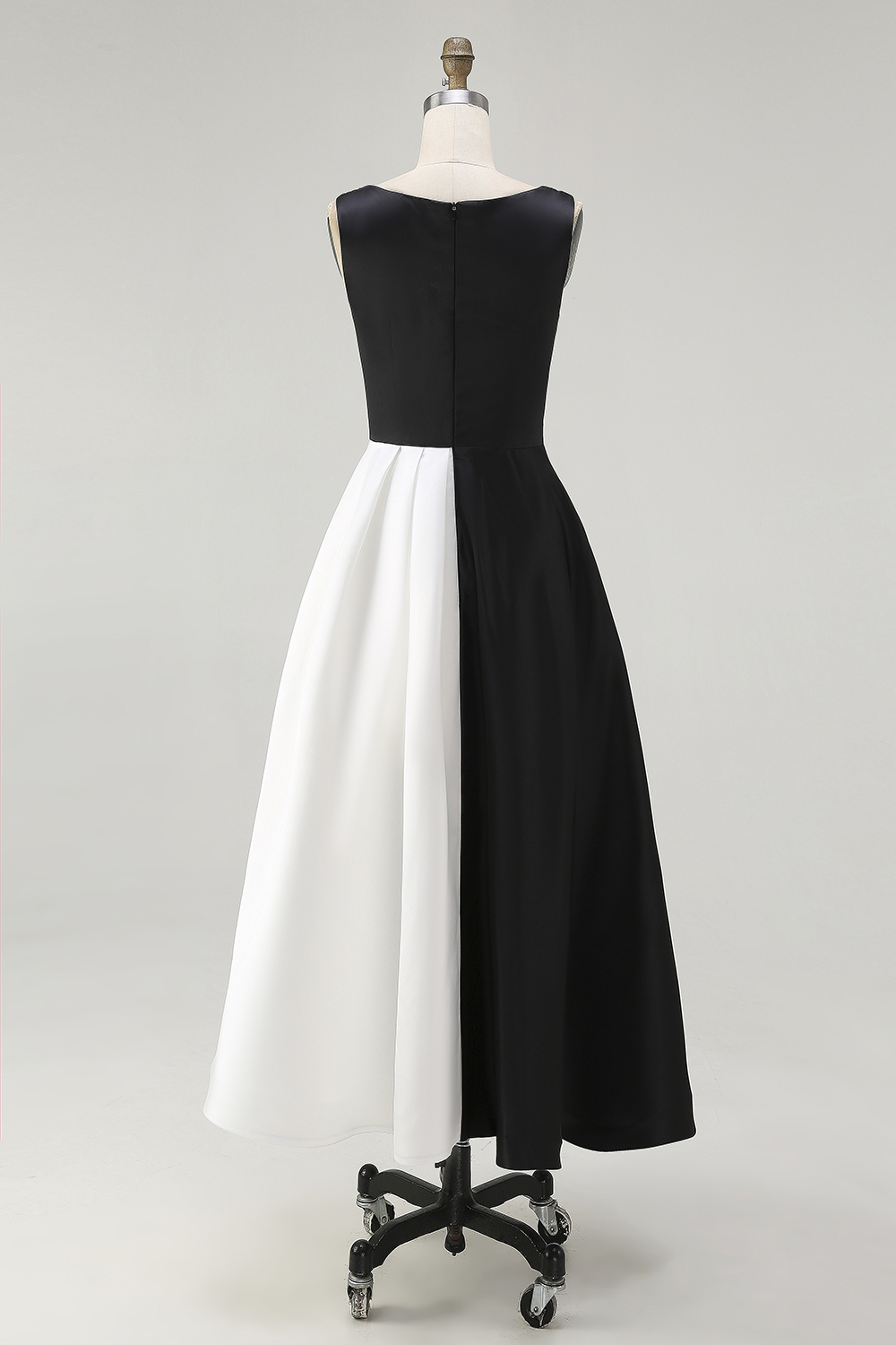 White Sleeveless Satin A Line Patchwork Long Black Tie Dress