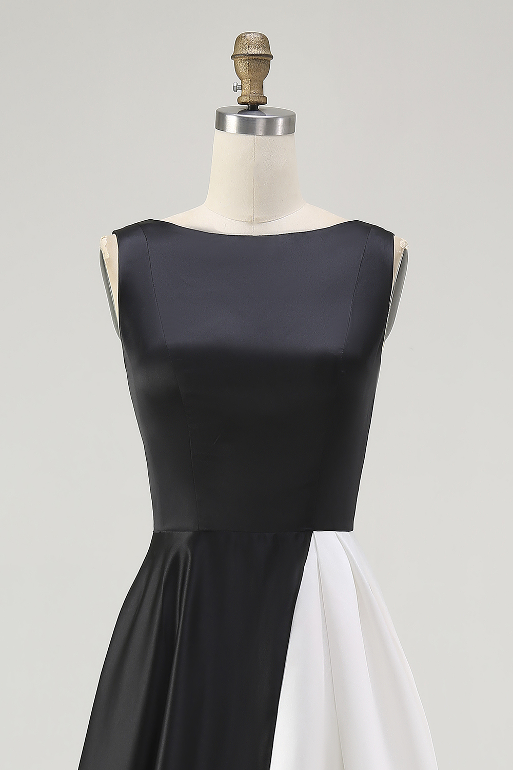 White Sleeveless Satin A Line Patchwork Long Black Tie Dress