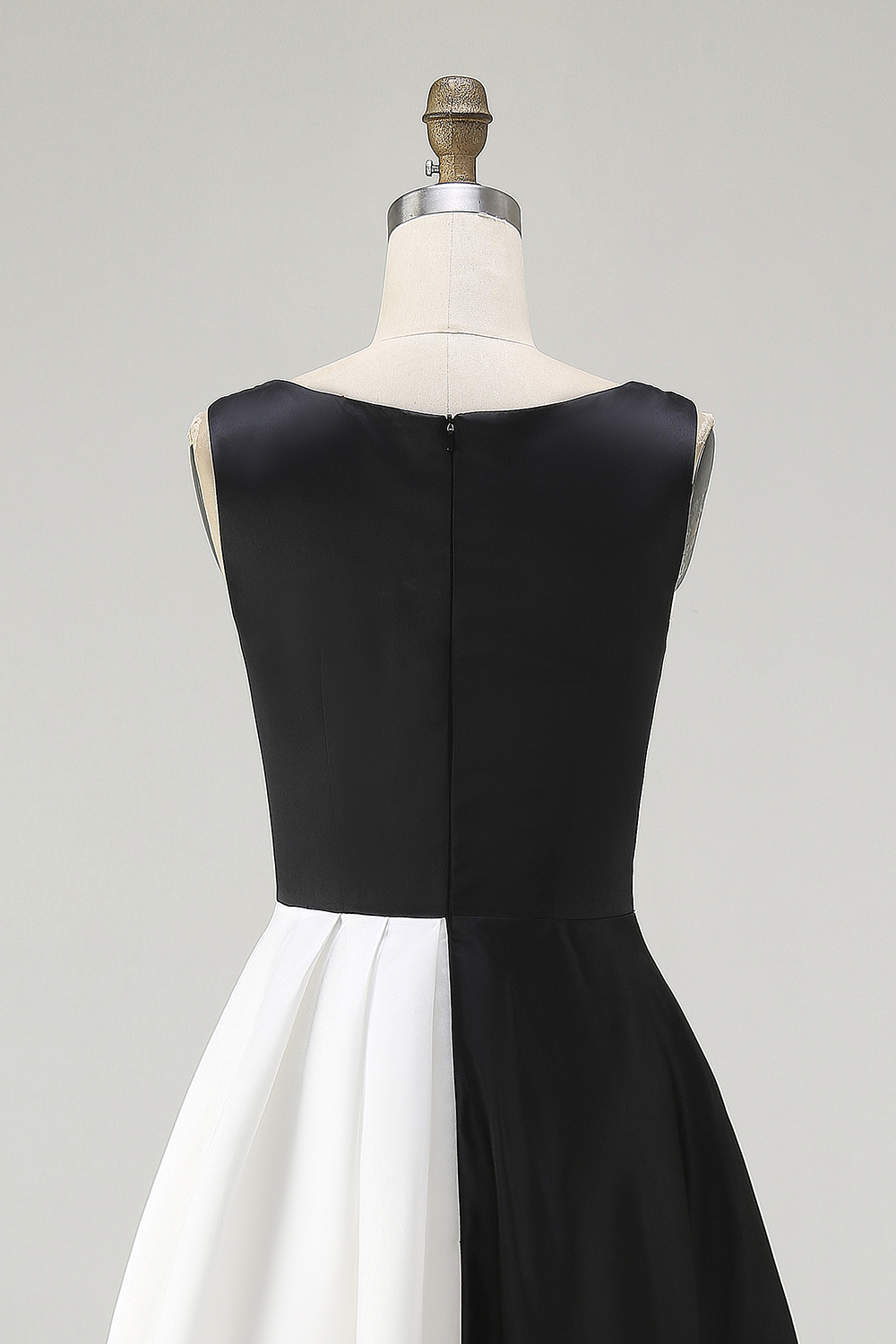 White Sleeveless Satin A Line Patchwork Long Black Tie Dress