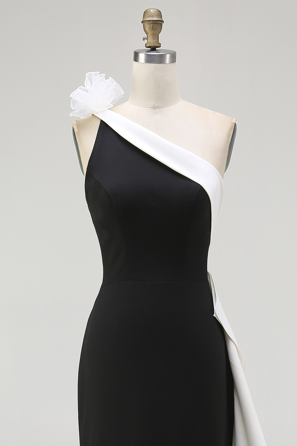 White One Shoulder Ruffled Long Black Tie Dress with Flowers